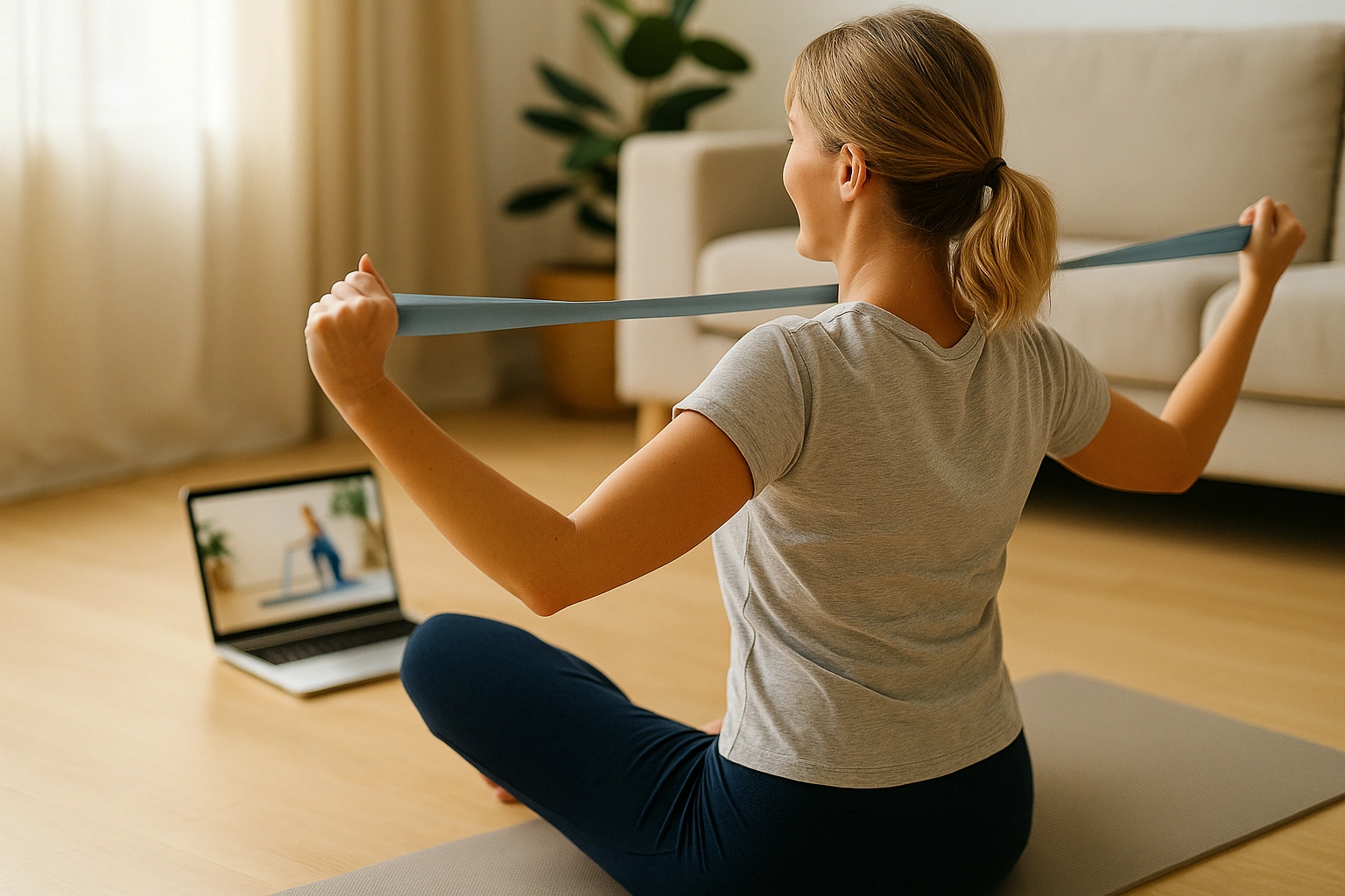 Mujer entrenando en casa con una banda elástica frente al portátil, siguiendo su sesión online