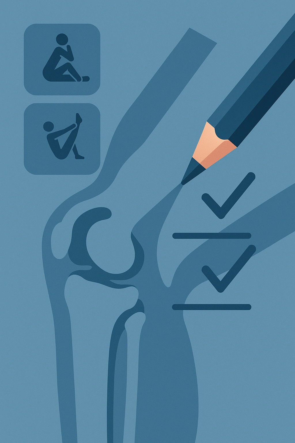 Ilustración de una articulación de rodilla con marcas de revisión técnica